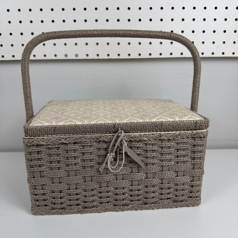 Vintage‎ Woven Sewing Basket Damask Padded Lid Taupe Craft Organizer Box Handle